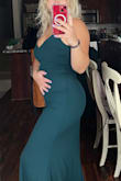 This dress is SO flattering, the PERFECT color green, and fits snug in all the right places. I was worried that the stomach would be too tight, but the material is thick and stretchy so it hides a lot. With adjustable straps, you can alter the chest to look however you want. I am shorter, so I had to get this one altered but it was so close to fitting with heels on. The hemming on the back train was slightly messed up, but I needed to get it altered anyway. 
If you are thinking about getting this dress try it!! Returning on this website was very easy.
(Size 8/10 pants) - Willa L.