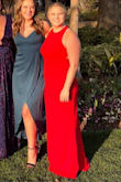 LOVED this dress. Stunning. The fabric is thicker which helped me feel like it didn't show everything. Stretchy fabric though. I had to have the straps taken in because it was too loose. Hated how I couldn't wear any bra as I'm larger chested. I also had to buy Spanx underwear because regular shaping garments (traditional Spanx, Honeylove, etc) all come up too high and the back of the dress is too low. - Laura H.