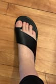 I read the reviews before ordering and chose to order my true size (9.5). These fit weird. The front of the sandals, where the toes go, is unusually long and creates a palm effect. I do not have short toes and this problem never happened to me before while shopping for shoes. It just seems to be a badly designed sandal. Weirdly, the back of the sandals fit just right. I will sadly have to return these. - Florence R.