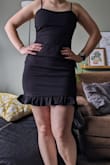 I just wanted something simple for a graduation dress (but wanted black so I could wear it in another setting) and this is so cute! It's the perfect length for a fitted dress (mid-thigh on me) and fitted but a surprisingly thick fabric so not at all sheer. I like that the straps are adjustable. My only qualm is the bust of the dress has a slightly odd shape to it - I wish it were just a straight cut across the top of the dress but it has just a bit of a dip. The ruffles at the bottom are super cute too - definitely will need to iron/steam them since the fabric at the bottom there was a little wrinkly. - Audra B.