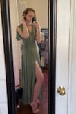 I was hopeful from the reviews left by other tall women (and from the photos of the tall model), but if you're above 5'8" this dress is a bit short. I definitely can't wear heels with this, which unfortunately makes the whole look a bit plain. I don't have a long torso, but the waist of this dress is high enough that it's impossible to achieve the loose, drapey look that's advertised. It's also worth mentioning that the leg slit in the photos isn't something that happens naturally; you can make one if you're taking a picture, but normally it's just a uniform curtain down to the ground (or, in my case, my ankles).
However, the color is nice, the fabric is of decent quality, and the cut of the dress is wonderful for accentuating your waist& if the waist of the dress hits where your waist is. I would probably only recommend this dress for any woman a few inches shorter than I am. - Elizabeth J.