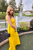 I ordered this yellow dress for a wedding. The most beautiful dress I've worn. I'm petite so I had to have it hemmed, other than that it was perfect. Looks amazing on olive skin, the perfect hue of yellow. My fiancé loved it! - Evelyn C.