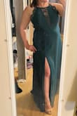 I loved this emerald/dark green dress from the moment I put it on. I'm 38 and will be attending a formal wedding in September in Connecticut. The high neck and full length were perfect. The lace and slit kept it fresh. And I love the way it makes me feel! Perfection all around. - Erin K.