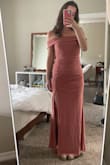 I got this dress for a wedding (black-tie optional) and am so so excited. The ruching at the back is so so flattery and the off-the-shoulder and slit add just enough skin. Also, it's COMFY!!?!?! Stretchy material with a mesh overlay so it'll be easy to dance in. - Julia M.