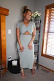 This dress was absolutely the pick for a daytime brunch! I decided to wear this for my birthday event and received many compliments. I was still able to wear a tummy controller without it peaking out in the front cut-out area. There also was enough material in the breast area to cover my bra. I would definitely recommend it! - Rachel A.