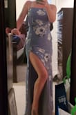 Nice material. Lightweight but lined so not too thin. Slit is high, but looks good. Lined enough to not need a bra or nip coverings. Wearing it to a June and October wedding - Shellie T.