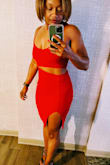 Material was nice, not see through. I wore this with no bra. Very comfortable, a little stretch to hug your body, and stays in place.
Great dress! - Laqisha M.
