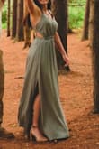 I chose the sage green for our engagement photos. It is such a pretty, neutral color in person and photographs so well! I loved the back detail and the slit. It fits true to size and I would recommend a sticky bra or going braless. The straps did slide down at times but no biggie since i only wore it for photos. - Megan D.
