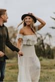 I bought this dress for my engagement photoshoot, and the photos turned out beautiful! It's a little heavier material which I liked. It is slightly see-through so I wore nude shareware underneath. Would highly recommend! - April A.