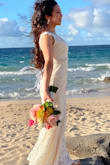 This was the perfect dress for our beach wedding. I chose this dress because it has a flattering feminine shape and the fabric appears very luxurious. The color is a lovely soft ivory that highlights the lace pattern. I modified the shoulders, bustline, and hem slightly for a perfect fit. - David C.