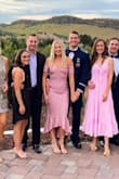 I loved my first photos wearing this dress, the dress was so flattering! But then after wearing it for a few hours, the stretchy fabric did not keep its shape, and looked a little frumpy in the rest of the photos of the night - the group photo is an example of this. - Jordan W.