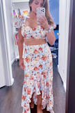 Love this set for my upcoming party. The material is not stretchy but it has elastic material in the back of the top. fits true to size. Feels soft on my skin and the colors and print are beautiful without being too loud. Skirt is a little long I am 5 feet 3 in but some high wedges will suffice. Love the fit and style. I order a medium on the top and maxi skirt because  I didn't want it too tight around my waist. Overall, definitely Recommended. - Magaly P.