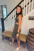 This dress in olive green is beautiful and perfect for a casual night out. The material is very thin, but a seamless thong wasn't visible. My only complaint is the neckline is unraveling after only one wear (and haven't washed it yet). - Kelsey L.