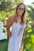 I wore this trip on a trip to Croatia, Italy and Turkey and the color was gorgeous against the Mediterranean back drops. I had to size up from L to XL as the top is fitted and the material and zipper back are not forgiving. I usually wear a size 10. The dress was also great for travel as I was able to hand wash and hang dry overnight in hotels, making it a great piece for long trips. I was able to wear it in 3 different countries I visited on my trip! - Saroja W.