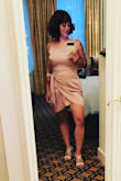 This dress fit like a glove. My only complaint is that it arrived super wrinkled. I had to steam it for an hour, but it was totally worth it. I usually lean towards darker colors, but the blush color totally exceeded my expectations. I wear around a size 5 or 6 in Jr's and the medium fit great. It was not too long and not too short so I didn't have to worry that I couldn't bend down. - Jacqueline B.