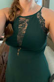 Love this dress! The lace detailing is so pretty and adds a very unique element. The cut is extremely flattering as well. I always fall right between a medium and a large depending on the cut, and I feel more comfortable in a large on this one. Plus it adds a little length for my height! (*Photo is of the medium!) the green color is gorgeous too! - Emily A.