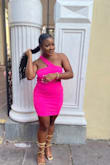Ordered this dress to wear to my birthday dinner, and it was stunning! The hot pink on brown skin is just beautiful and goes well together. It is good quality and curvy girl friendly. Get it!! - Daezha B.