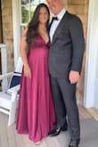 Love the adjustable straps. Did need to use tape on chest area. Color is stunning. No give in dress so sized up because I have a wide rib cage. Could have done a L everywhere else. A little long but nothing heels couldn't fix. This dress needs to be steamed prior to wearing. - Julia B.