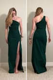 This is my new go-to wedding guest dress (especially for fall/winter weddings). I wore it to a fall wedding in Florida (with a scarf as a shawl when it got cold) and it was perfect. Lot's of compliments, including from my fiance's grandfather who phrased it as "that's a nice dress you're barely wearing" XD That said it's really not that scandalous (in my opinion), the slit sits firmly on my thigh (no risk of underwear exposure, and there's enough fabric to keep your legs covered when you sit if you prefer.

The off-shoulder looks great, and the waist hugs me just enough to add curves to my very flat-chested (36AAA) athletic frame. Highly recommend! - Danielle W.