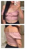 Absolutely love the fit and color. The ruffle on the back kinda falls over when the sleeves are up. It fits better with the sleeves down. Would look great with a strapless bra too. - Madelena B.