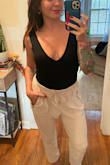 I am deeply in love with this body suit! It fits great and has good stretch while still keeping the tatas secure (without needing a bra, hallelujah). The back is hella sexy, the fabric is soft and comfortable, the plunge is hawt without worrying about nip slips (for me anyway, I'm a B/C-ish gal), and basically I want it in all the colors. It's comfy, it's sexy, it's easy, it goes with everything, BUY IT LADIES. - Renee H.