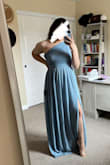 Love this dress, but the bust area was a little tight. I was able to zip it all the way up but it wasn't the most comfortable. love the color, love the leg slit, and the cut-out on the side. I would probably size up. - Marina B.