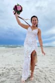 Bought this as a backup for my original, much more expensive dress and love it even more than the OG. I couldn't believe it was so utterly perfect, shipped quickly and got so many compliments, AND it was the perfect length not to drag in the sand during my beach wedding. It's sexy without being too revealing and comfortable enough to wear all day! My only complaints are that the design doesn't match up along the seam where the top of the dress meets the bottom (see 2nd pic) and  the sequins were falling off all day. But others said neither issue was noticeable, and for $99 I cannot complain! - Marisa M.