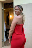 I had not one,  not two,  but three people come up to me during a wedding rehearsal dinner to tell me how good I looked in this jumpsuit! One woman said I was "stunning" and another said "incredible" Both of these people were strangers and came up to me just to say something.  My only complaint is I ordered a large which is what I wear in pants normally, but the top was loose on me since I'm a medium :(  ( where my pear-shaped girls at? ) I did feel like I was pulling it up often but otherwise, it's a flattering cut and looks great in photos. Also definitely cut the hanger strings off.  They pop out easily. - Emily W.