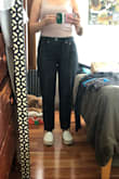 Nice denim fabric, I like the length and frayed hem but leg is definitely pretty wide more than the picture on the model looks like to me. I will be keeping because I want some different fits of black denim pants but just fyi. The waist and hips fit well, I usually get 30's in Levi's - I'm curvy. Is slightly lower "high waist" not super high - Catherine G.