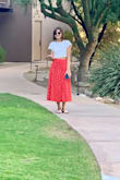 Bought this skirt for a trip and loved it so much I bought it in blue! The red is my favorite though. It is bright, flattering, hits at the waist (which is hard for me to find - skirts always hit me too low), and soft. It is lined so it is not see through and the lining is a thick, nice material. It can get a little warm because of the lining. Highly recommend! I have worn it countless times and washed it on delicates without damage :) - Darien S.