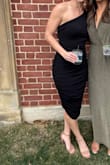 I wore this dress to a formal wedding and it was perfect! I was between the XS and S, but went with the S and was happy with the fit. The material is stretchy which makes it very comfortable while the ruching keeps it flattering! - Ellie S.