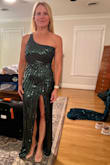 I bought this dress in small and x-small and went with the xs because I wanted a very fitted look and the xs was fitted enough that I didn't have to wear a bra. The length is great because I am only 5'3 and the event I went to had a strict two inch block heel policy related to turf surface. I wasn't stepping all over the dress. The color is gorgeous dark emerald. The top stays put. The slit is near the front and high but a beautiful addition in my opinion. Highly recommend this dress. - Ronnie B.