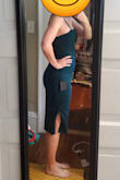 I was torn between a med vs lg. I'm usually a med but with a bodycon dress and my big booty/hips and slight belly I was worried the med might be too tight. It was surprisingly long for a tall girl and room to give regarding breasts. There was just too much fabric in the middle. I ordered a med so we'll see how it turns out. I love the gold zipper in the back and how it hugs your curves. - Sarah E.