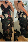 Wore this to a black tie optional wedding and being 5'3 and curvy, it was the only time I haven't had to tailor a dress (medium). I also liked that the straps were adjustable. No stretch though and you can't take long strides, but other than that it's gorgeous, unique, and got compliments. Highly recommend! - Ashleigh K.