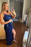 This dress was so comfortable. I typically wear a size medium but am 13 weeks pregnant so sized up. The color is stunning in person. I am pretty tall and the dress fit perfectly to the floor with my heels on. - DeAnna M.