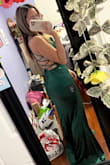 I love how this dress looks on and the color! Great for the holidays or for weddings. I got small and it was a bit loose around the waist area, maybe I could've done an xs. The length was also a bit long, but with heels I think its doable. So in love with the back of the dress. Don't think twice and get this dress!! - Dalena N.