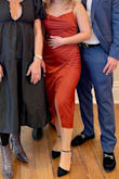 This dress is stunning in person. I usually go between a small and medium in lulus and I'm glad I got a small because the slit allows for a little extra room in the hips. My stole, clutch and shoes in the photo are also from lulus. - Rachael T.