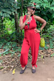 I bought this jumpsuit to wear on a trip to East Africa and it was perfect! I spent a day touring a spice farm and interacting with animals at a wildlife reserve. It's a very comfortable outfit. Keep in mind that you may have to wear a tank top underneath depending on how you tie the top. - Jo R.