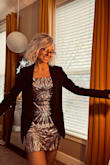 I love this dress! It's even more beautiful in person and fits perfectly very true to size. I paired it with your black blazer and your cropped black long-sleeve. Love love!! - Julie H.