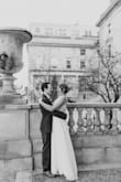This dress is stunning! I wore this in December in 20°f weather for my wedding....it was freezing, but the dress was so worth it! The dress fit snug, but sizing up it would have been too big. Perfect length, had to do nothing to the dress. LOVE IT! More stunning in person. - Taylor P.
