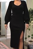 Love this dress!! The pics dont do it justice. The neckline is beautiful, the sleeves are cozy and cute, and the cutout detail in the back makes it fit perfectly with no weird waist/back gapping like you typically get with a sweater dress. Very sexy overall shape, highly recommend! - Valerie V.