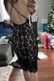 This dress is really cute and has a really nice length. The Small was a tad loose (which I'm wearing) but I'm glad you can adjust it tighter in the back. It was still loose since I'm not busty but it was more flattering. My first impression was lingerie lace slip dress vibes but it's a vibe and I wasn't mad. Looking forward to wearing this on a night out. - Florizza R.