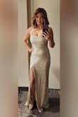 I wore this for NYE and got so many compliments!!! I wore 6" platform heels and avoided having to get it tailored. The bottom swept the floor perfectly! LOVE!! - Jessica H.