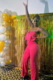Beautiful jumpsuit! Both chic and sexy, it perfectly highlights my shape. I would recommend using tape because it does slip down when you dance. - Sira D.