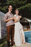 This was my wedding dress! Absolutely in love with it! True to size. I had to take the shoulders in a bit because I have a short torso and in order for the waist to sit in the right spot, the shoulders were too tall. I also had to hem it a bit. Size small otherwise fits me perfectly around the waist and hips. I did try on a size XS which was too tight for me around the waist area. I didn't like the bow in the front, I feel like it takes away from the elegance of the details on the front of the dress, so I pulled those strings around to the back and tied them in a little knot. Easy fix. It also held up great after my husband and I jumped in the pool 3x fully clothed :) 10/10 for a beautiful wedding dress under $100. - Ilana H.