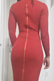 I've never loved a dress more. The rust red color is brilliant and the gold zipper down the back adds some razzle dazzle. The dress hits about 1.5-2 inches below my knee and the sleeves were the perfect length. The snug fit and thick material will definitely keep you warm and feeling without having to feel like a grandma. All around perfect! *clapping* - Jasmine D.