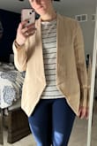 The style is cute which is why I didn't give it a 1 star. The material is super thin and cheap. I won't be able to wear anything other than white underneath it. You can see in the picture that the stripes are clearly seen through the material. - Kerry C.