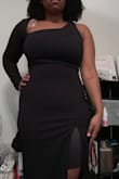 I really like the dress. I initially ordered a L but my arm couldn't fit into the sleeve. The XL fits a lot better just for the event the slit is too high. I think to feel the most comfortable for me personally I would still go a size up because it felt a bit tight around my hips and the slit, but I think If you don't mind a slit it's definitely the right dress for you. - Kayla H.