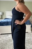 I wanted to love this, but because I have very broad shoulders, it was too tight in my chest, which led to spillage (boobs, backside, underarms).

The material was thick but not particularly luxurious. The length and color were great. - Colleen E.