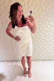 Lots of stretch, and lined so its thick in the right way. Really comfortable. Got so many compliments, its really cute and fun. I wore it on a girls trip to Cancun, but would be perfect for a Bride to Be! There are stickies in the bra part so it doesnt slip or move around. - Jess A.